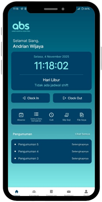 Dashboard utama aplikasi Amerta HR